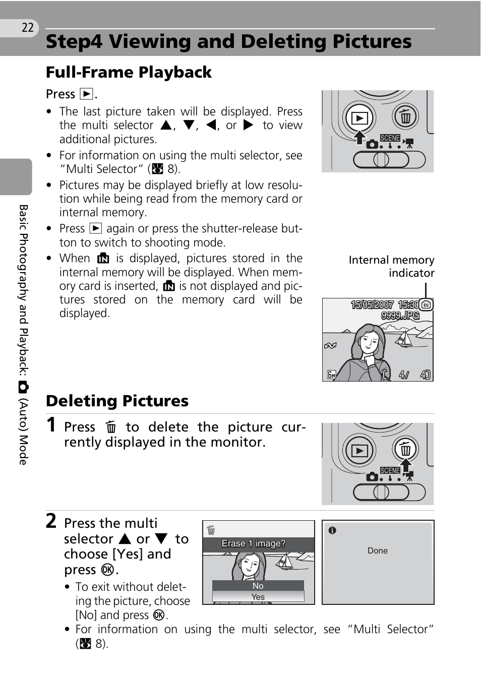 Step4 viewing and deleting pictures, C 22, C 22) | Full-frame playback, Deleting pictures | Nikon Coolpix L10 User Manual | Page 32 / 135
