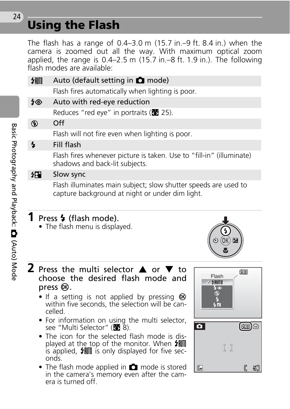 Using the flash, C 24, Nu (c 24) | C 24) | Nikon Coolpix L10 User Manual | Page 34 / 135