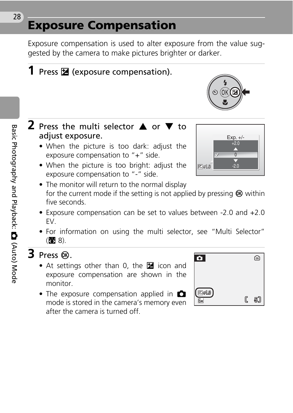 Exposure compensation, C 28), C 28 | Press i (exposure compensation), Press the multi selector g or h to adjust exposure, Press d | Nikon Coolpix L10 User Manual | Page 38 / 135
