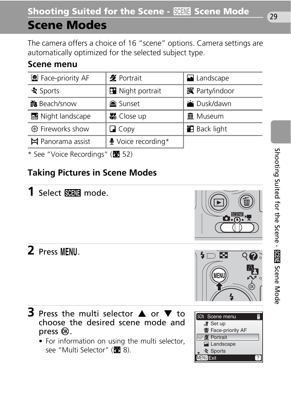 Shooting suited for the scene - scene mode, Scene modes, Shooting suited for the scene | E mode (c 29), C 29), Shooting suited for the scene - b scene mode, Scene menu, Taking pictures in scene modes | Nikon Coolpix L10 User Manual | Page 39 / 135