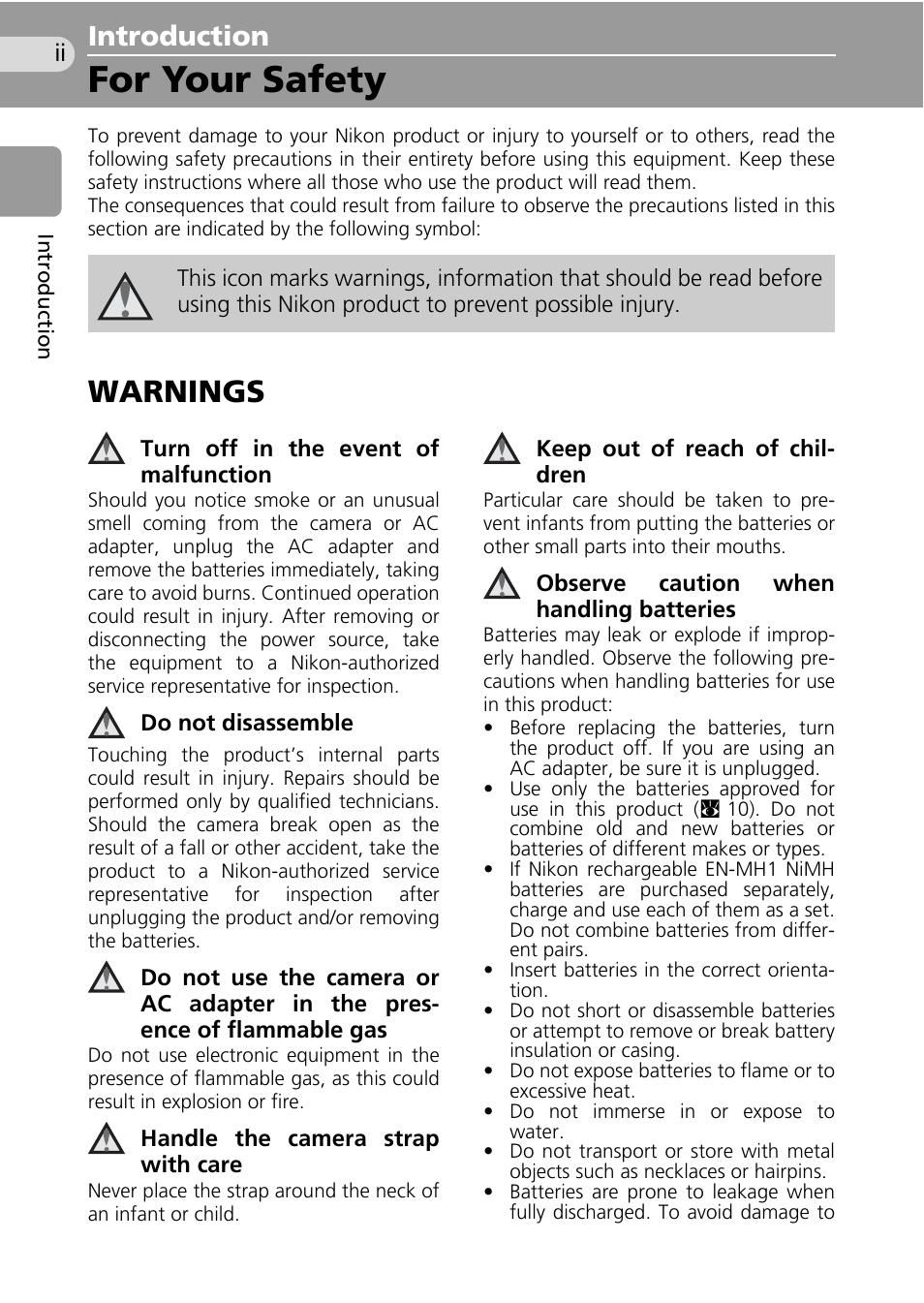 Introduction, For your safety, Warnings | Nikon Coolpix L10 User Manual | Page 4 / 135
