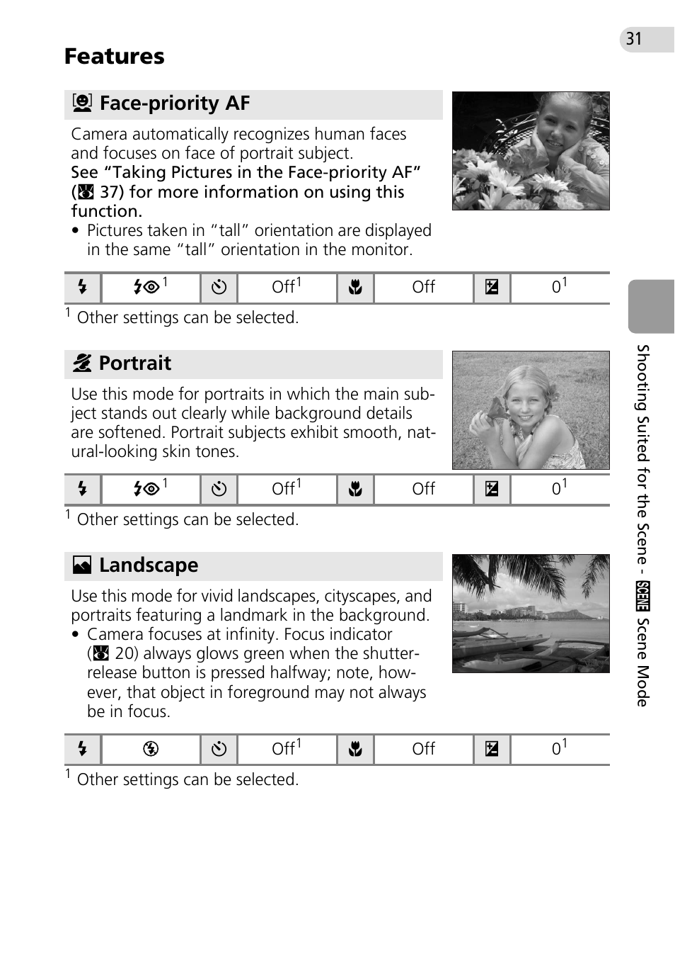 Features, Mface-priority af, Bportrait | Elandscape | Nikon Coolpix L10 User Manual | Page 41 / 135