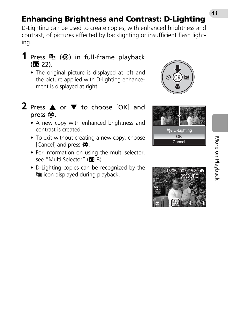 Enhancing brightness and contrast: d-lighting, C 43), Press u (d) in full-frame playback ( c 22 ) | Press g or h to choose [ok] and press d | Nikon Coolpix L10 User Manual | Page 53 / 135