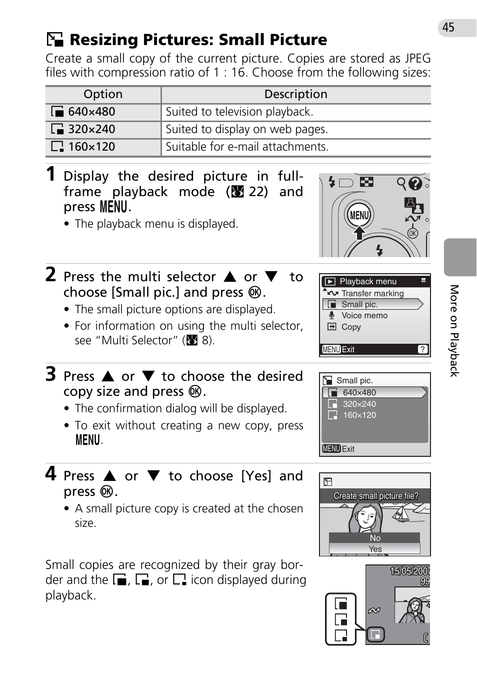 Resizing pictures: small picture, Hresizing pictures: small picture | Nikon Coolpix L10 User Manual | Page 55 / 135