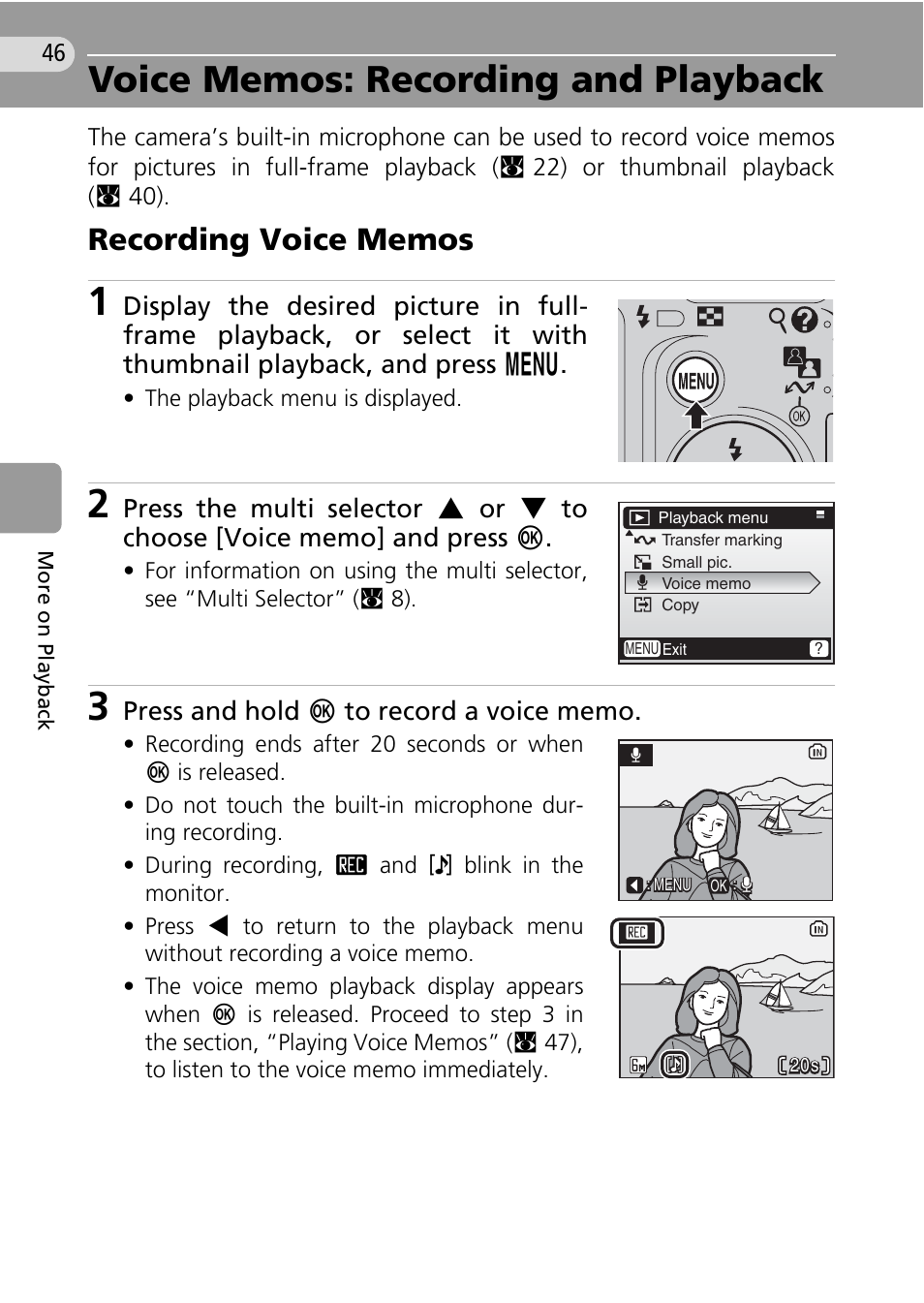 Voice memos: recording and playback, Recording voice memos, C 46 | C 46, 48 | Nikon Coolpix L10 User Manual | Page 56 / 135