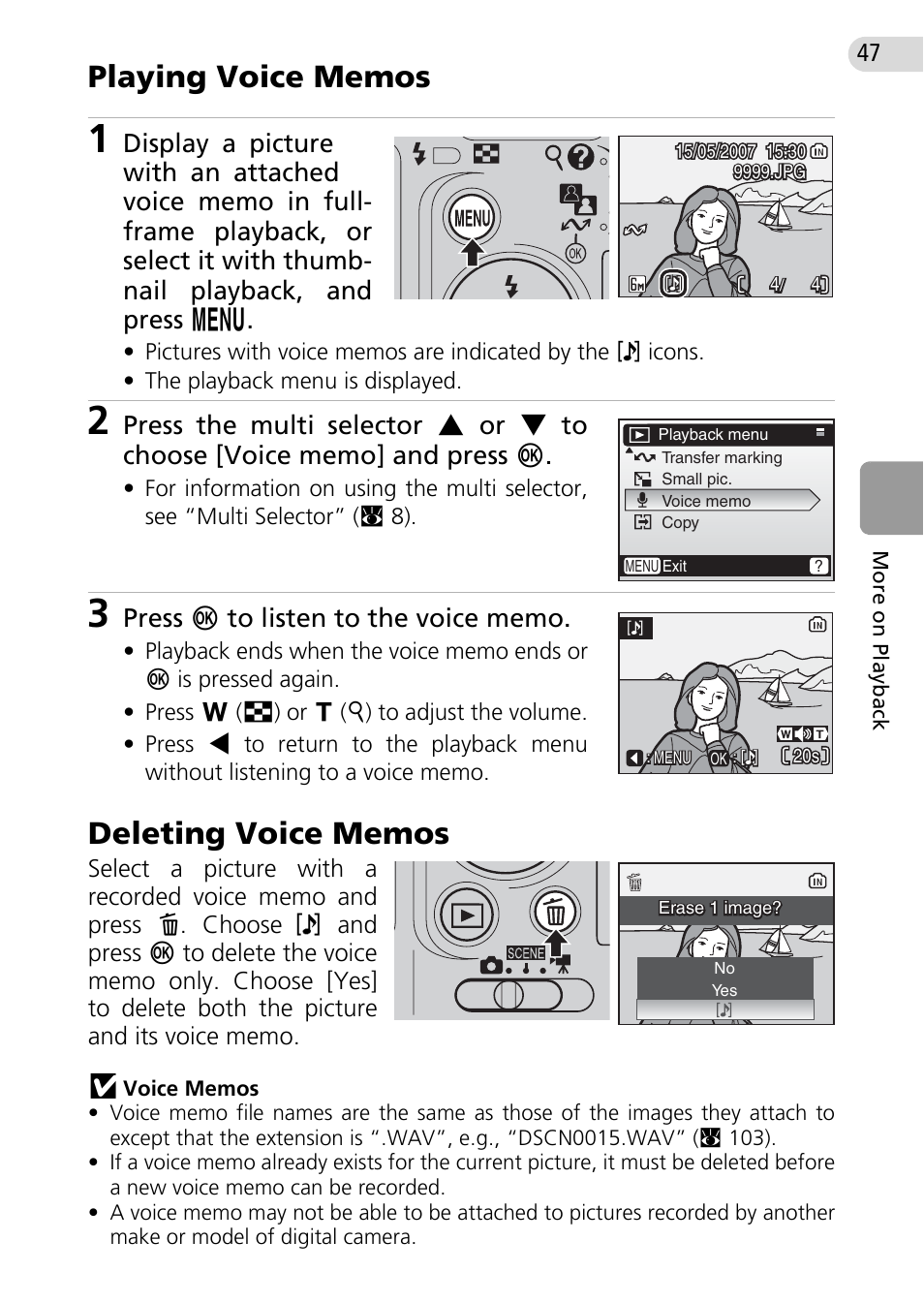 Playing voice memos, Deleting voice memos, C 47 | Nikon Coolpix L10 User Manual | Page 57 / 135