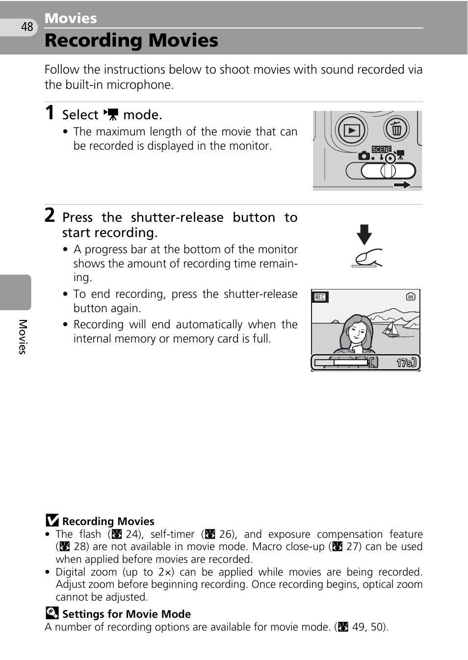 Movies, Recording movies, Ode (c 48 | Nikon Coolpix L10 User Manual | Page 58 / 135