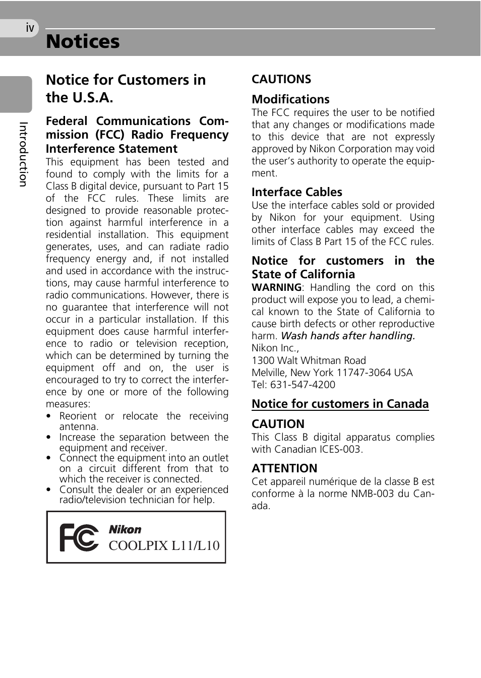 Notices, Notice for customers in the u.s.a, Coolpix l11/l10 | Nikon Coolpix L10 User Manual | Page 6 / 135