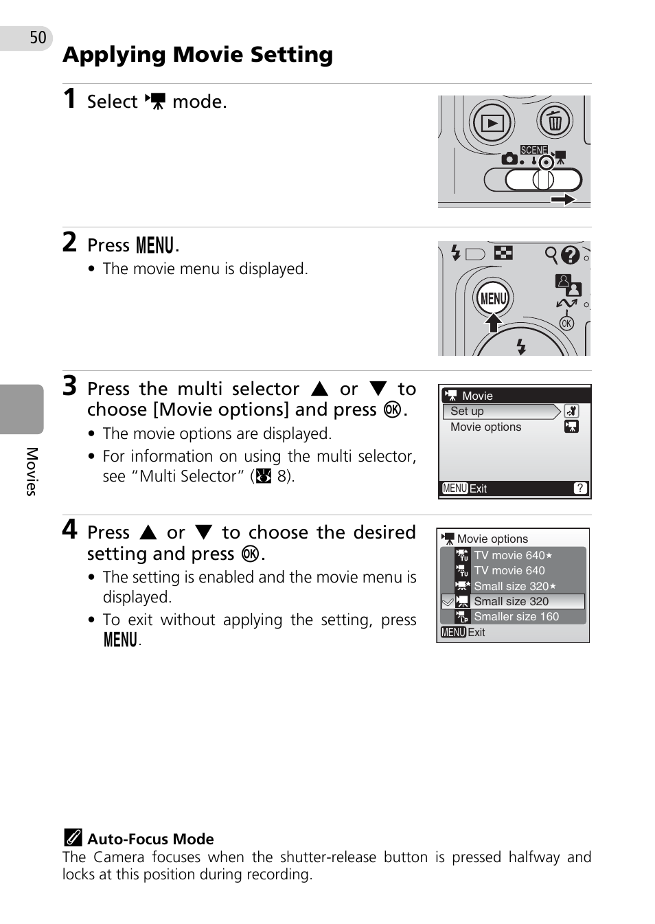 Applying movie setting | Nikon Coolpix L10 User Manual | Page 60 / 135