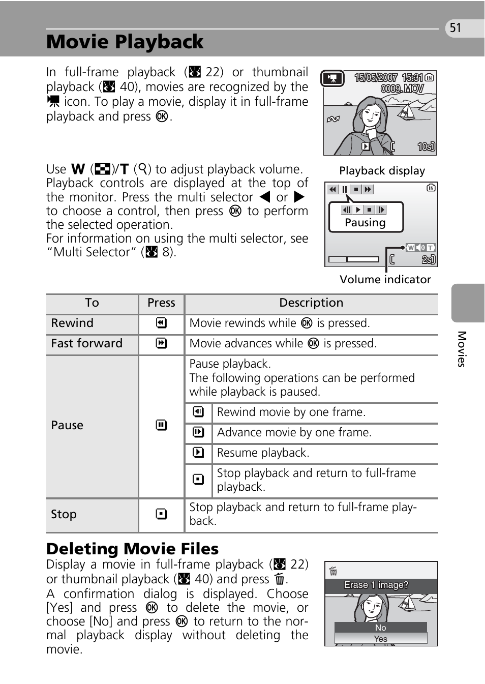 Movie playback, Deleting movie files | Nikon Coolpix L10 User Manual | Page 61 / 135