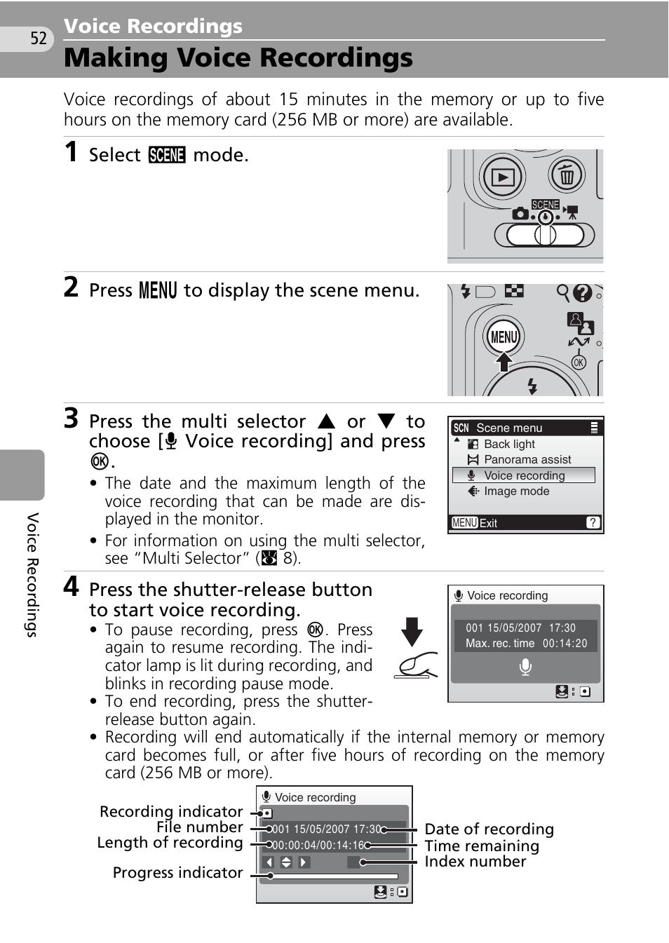 Voice recordings, Making voice recordings, C 52) | S 52 a | Nikon Coolpix L10 User Manual | Page 62 / 135