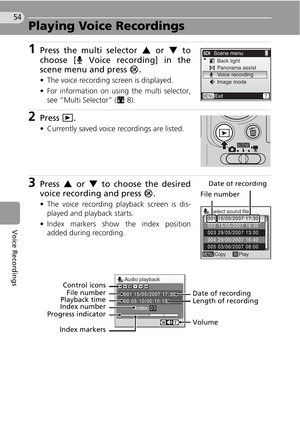 Playing voice recordings, 54 f, Press i | Nikon Coolpix L10 User Manual | Page 64 / 135