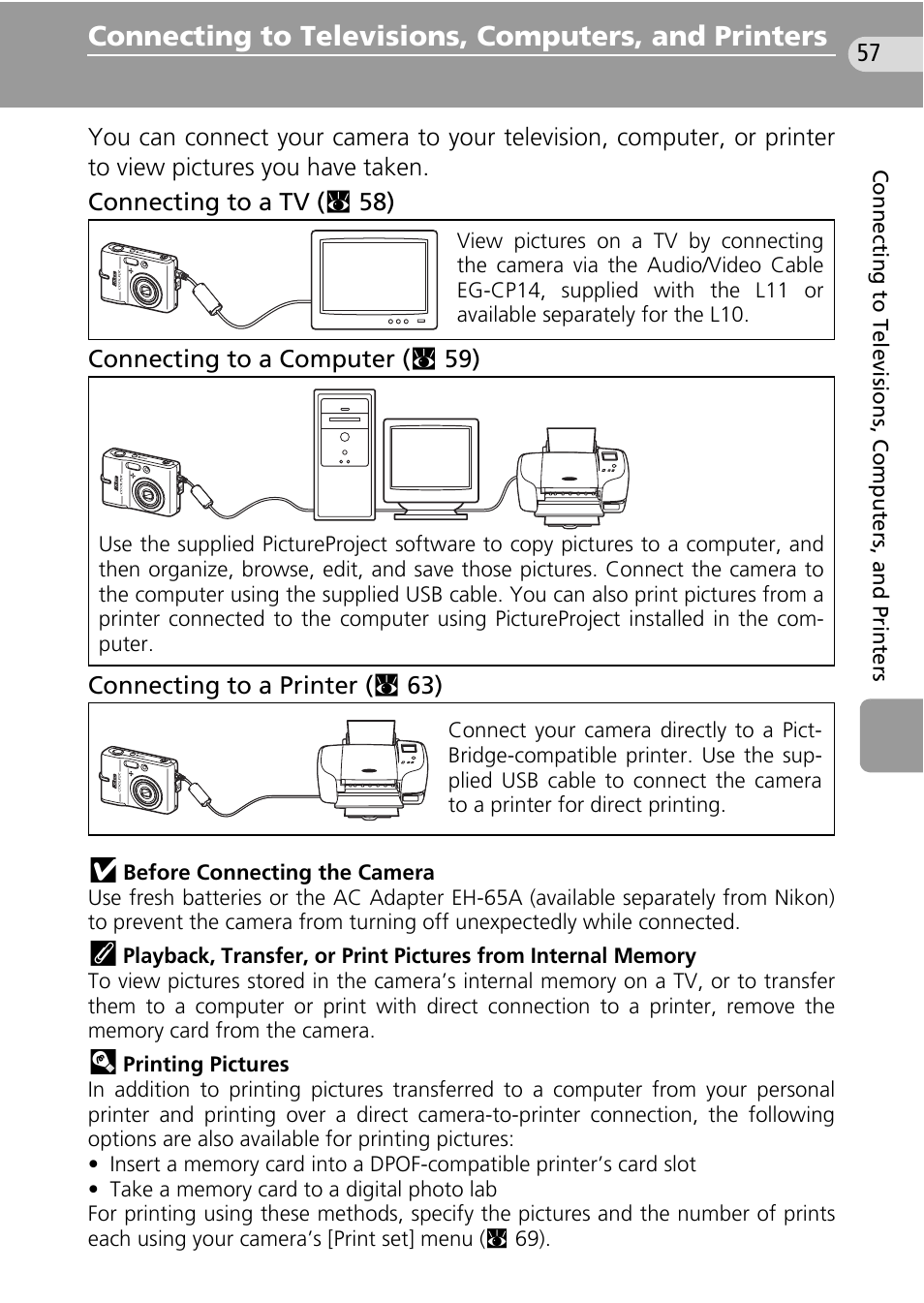 Connecting to televisions, computers, and printers | Nikon Coolpix L10 User Manual | Page 67 / 135