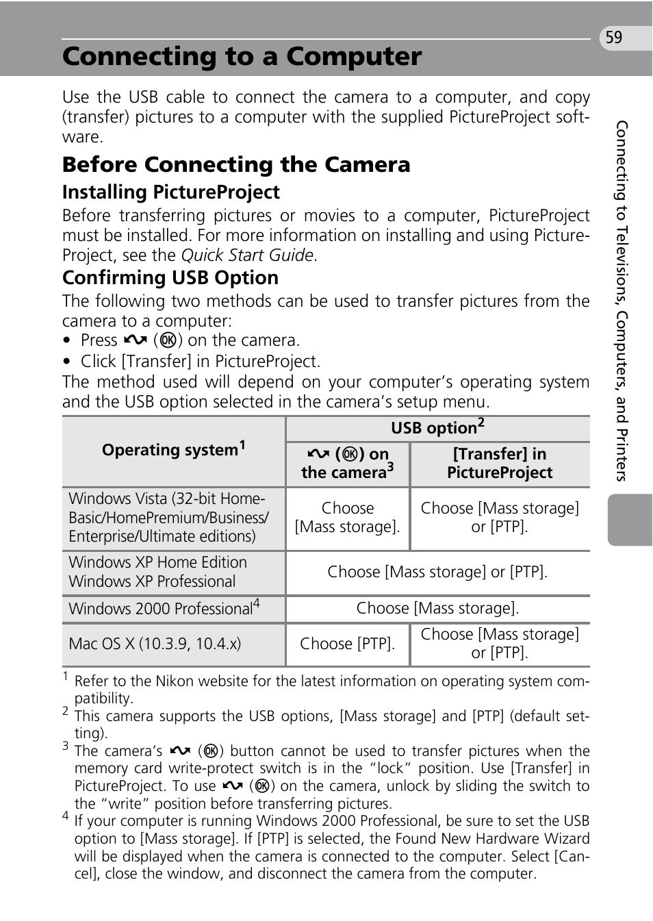 Connecting to a computer, Before connecting the camera, C 59) | Installing pictureproject, Confirming usb option | Nikon Coolpix L10 User Manual | Page 69 / 135
