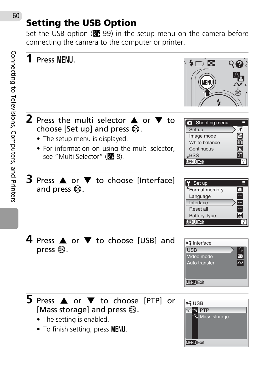 Setting the usb option, Press m, Press g or h to choose [interface] and press d | Press g or h to choose [usb] and press d | Nikon Coolpix L10 User Manual | Page 70 / 135