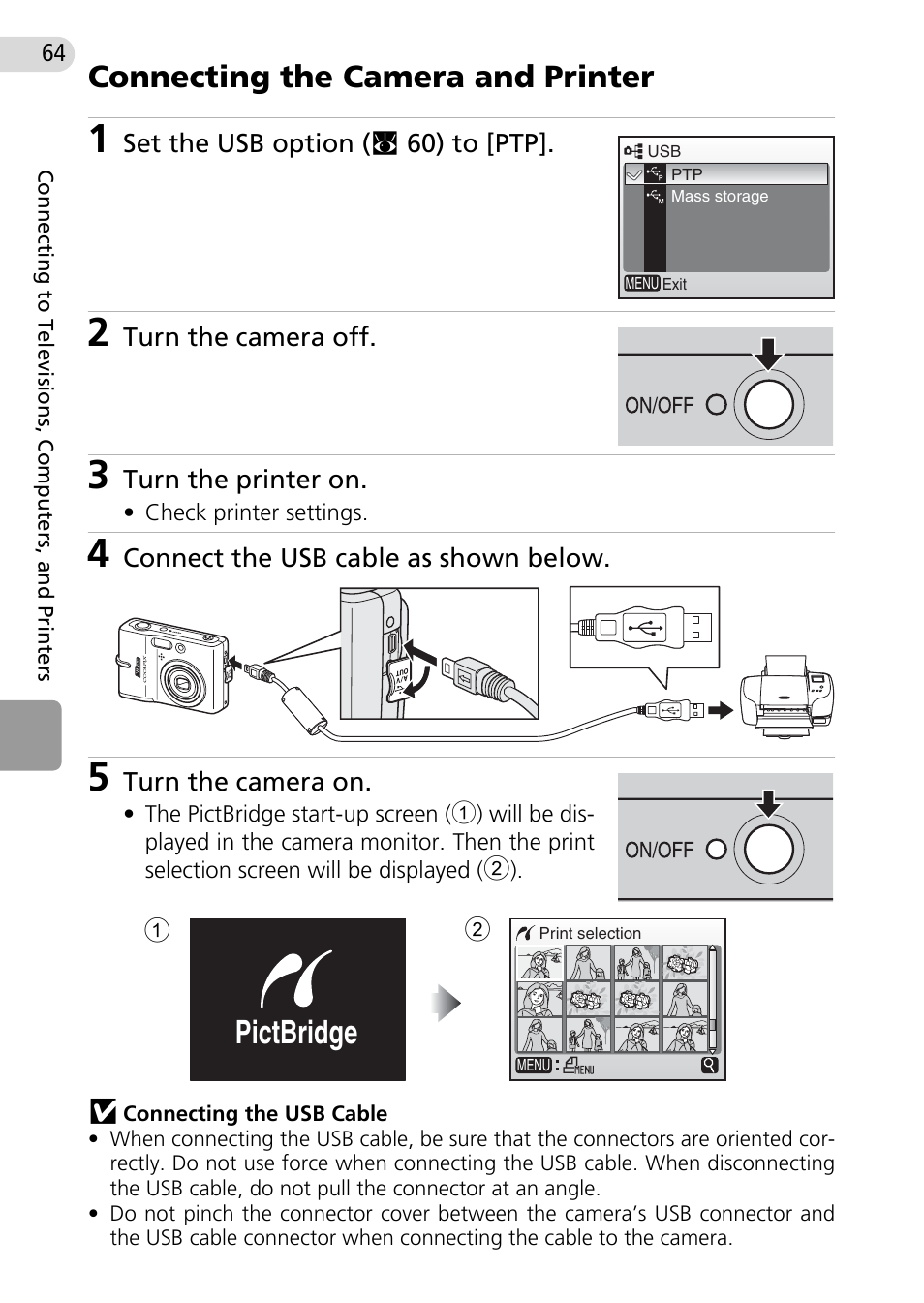 Connecting the camera and printer, Ter (c 64), Pictbridge | Nikon Coolpix L10 User Manual | Page 74 / 135