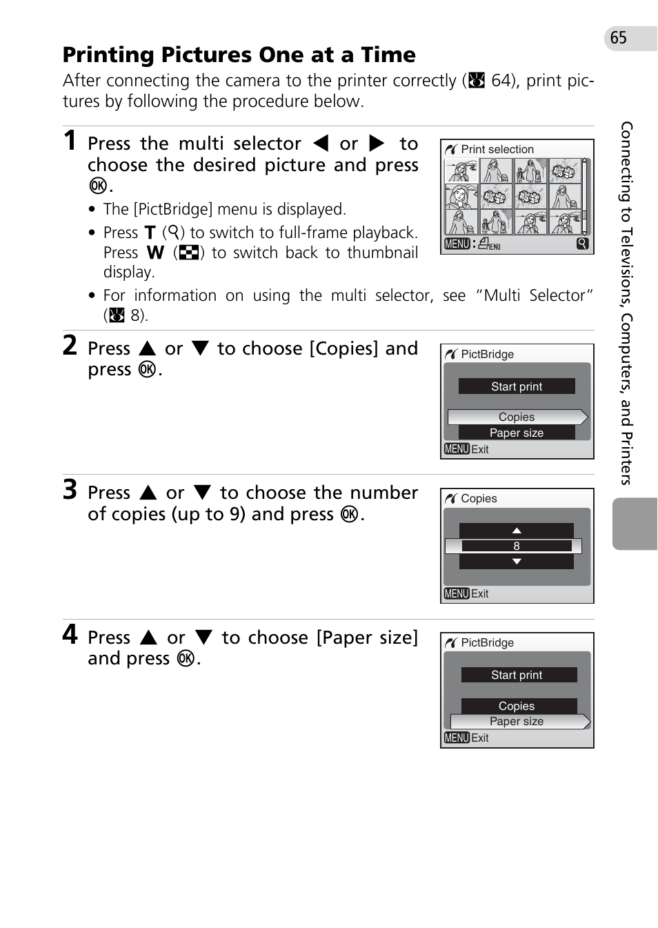 Printing pictures one at a time, C 65), Press g or h to choose [copies] and press d | Press g or h to choose [paper size] and press d | Nikon Coolpix L10 User Manual | Page 75 / 135