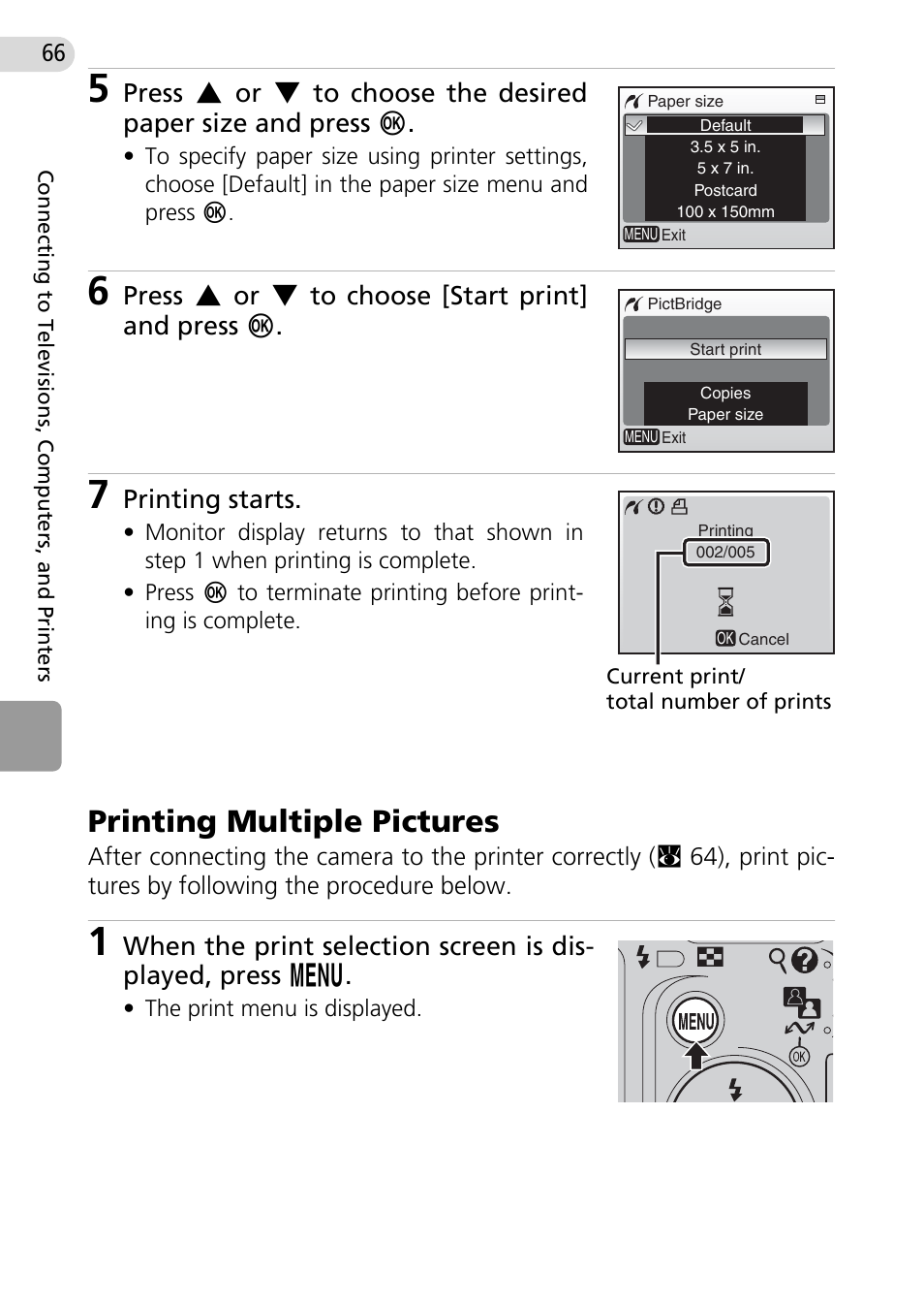 Printing multiple pictures, C 66), Press g or h to choose [start print] and press d | Printing starts | Nikon Coolpix L10 User Manual | Page 76 / 135