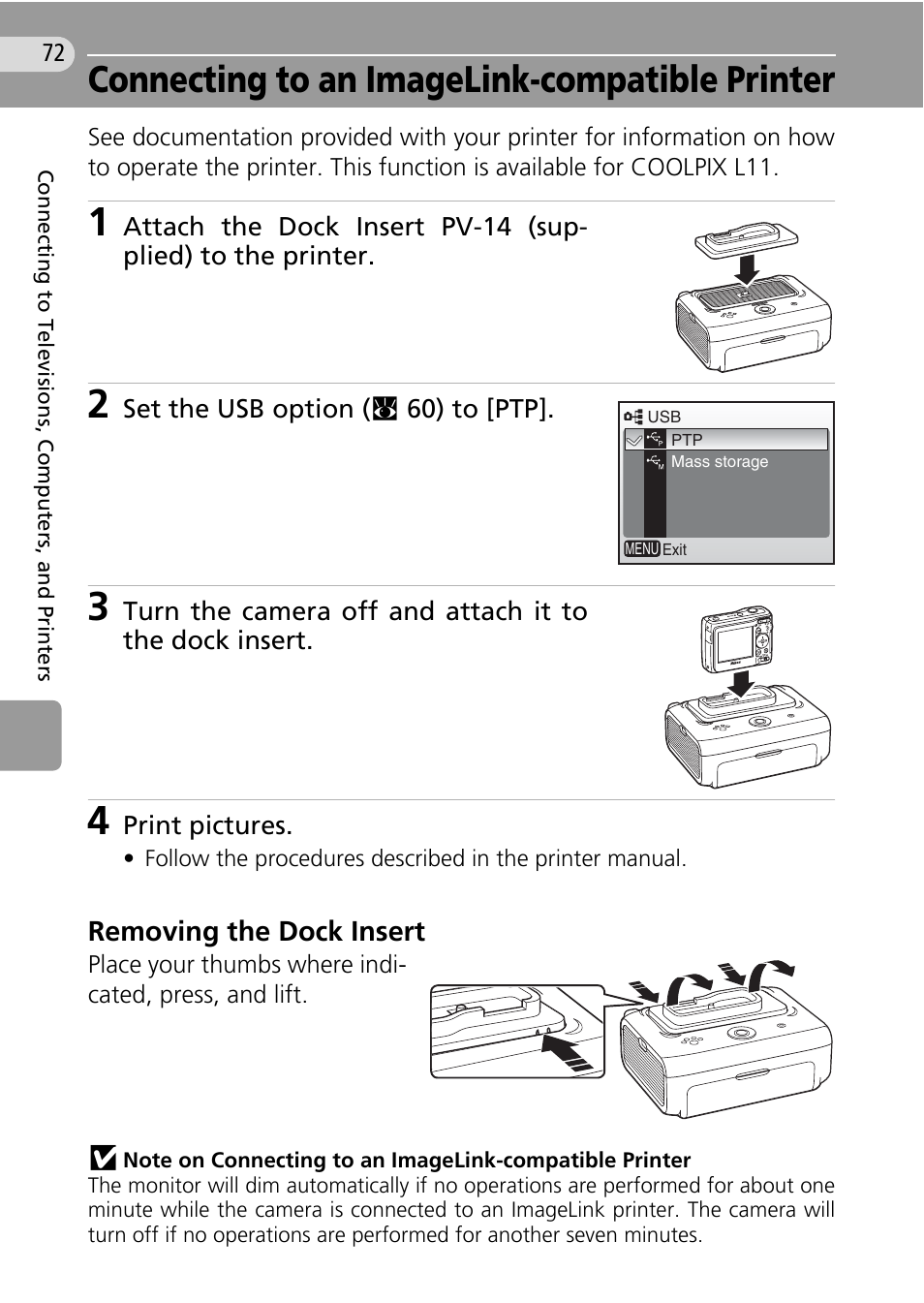 Connecting to an imagelink-compatible printer, C 72), Removing the dock insert | Nikon Coolpix L10 User Manual | Page 82 / 135