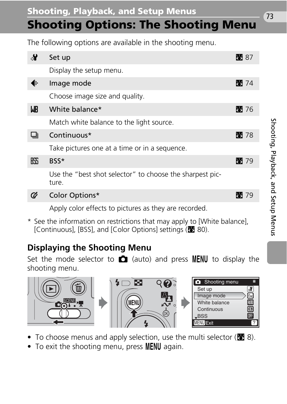 Shooting, playback, and setup menus, Shooting options: the shooting menu, C 73) | Displaying the shooting menu | Nikon Coolpix L10 User Manual | Page 83 / 135