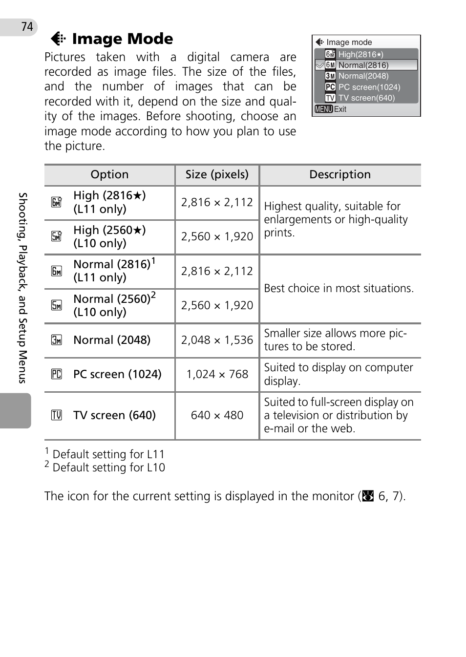 Image mode, C 74), C 74 | Z image mode | Nikon Coolpix L10 User Manual | Page 84 / 135