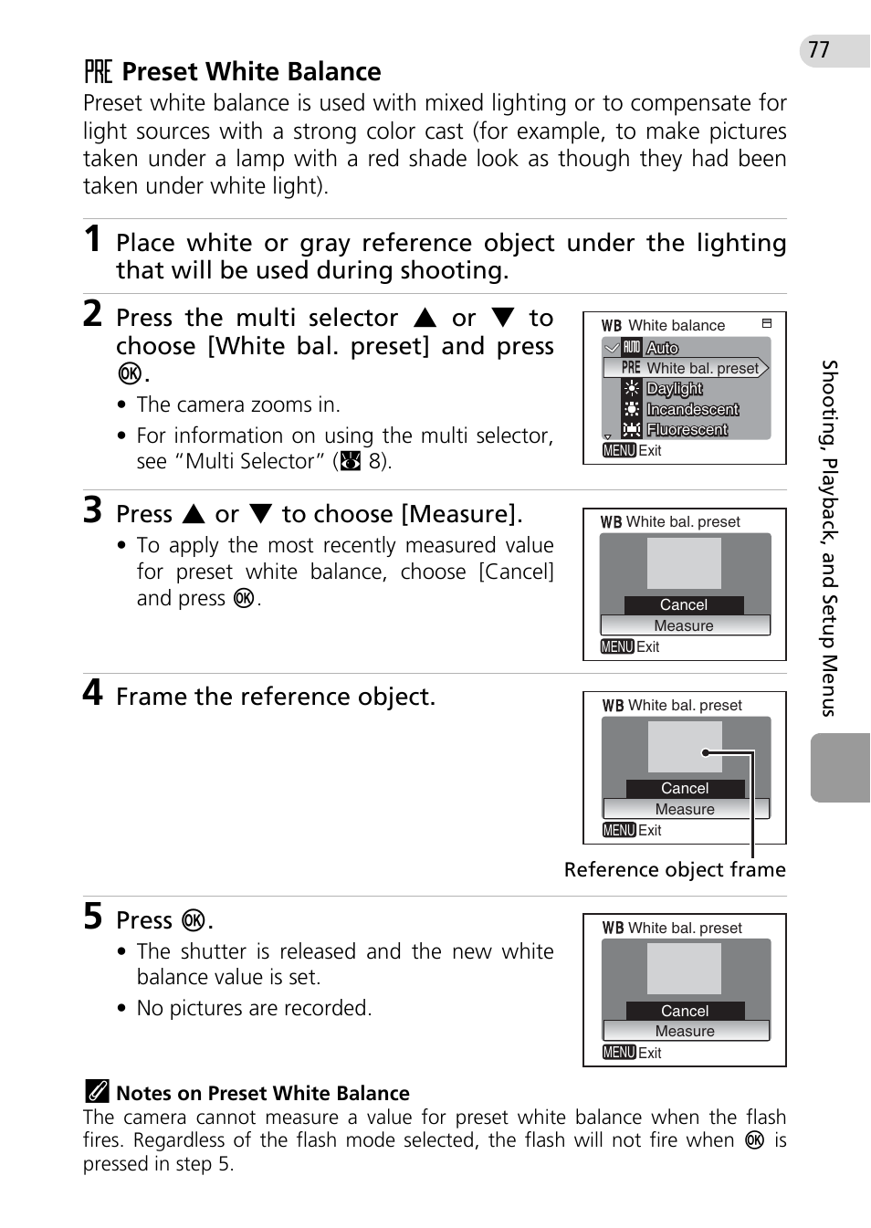 Fpreset white balance, Press g or h to choose [measure, Frame the reference object | Press d | Nikon Coolpix L10 User Manual | Page 87 / 135