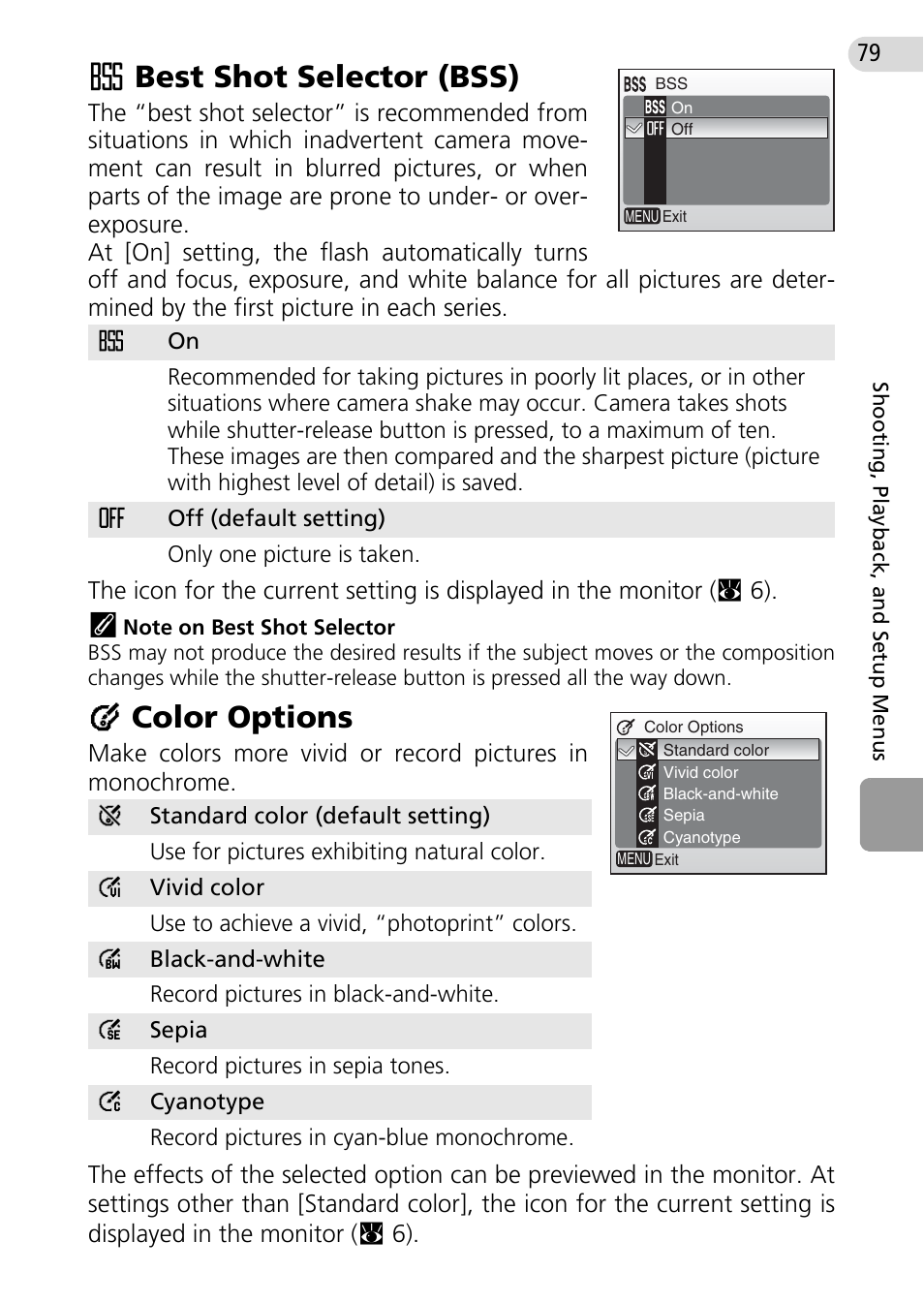 Best shot selector (bss), Color options, Bss (c 79) | C 79), Abest shot selector (bss), Dcolor options | Nikon Coolpix L10 User Manual | Page 89 / 135