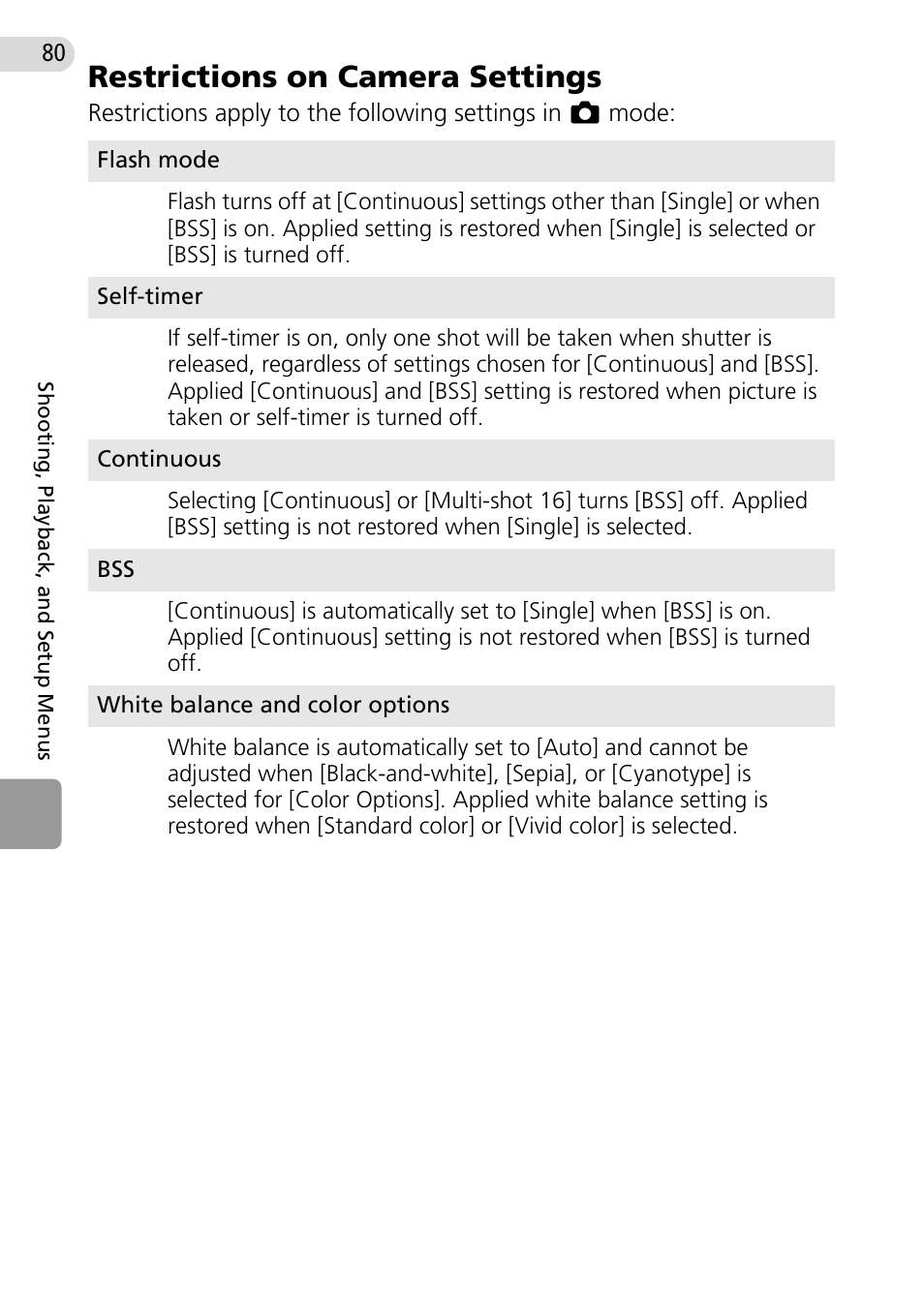 Restrictions on camera settings, C 80) | Nikon Coolpix L10 User Manual | Page 90 / 135