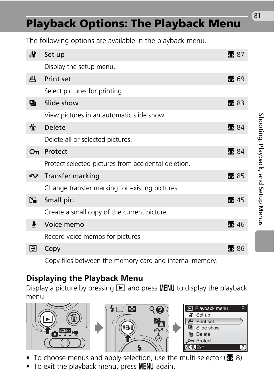 Playback options: the playback menu, C 81), Displaying the playback menu | Nikon Coolpix L10 User Manual | Page 91 / 135