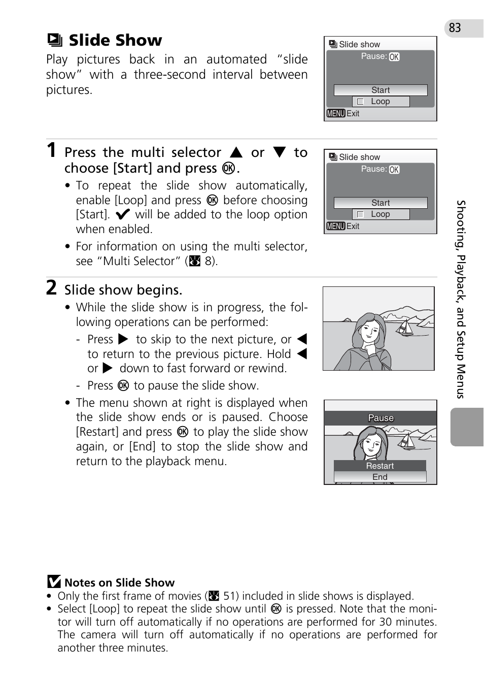 Slide show, Zslide show, Slide show begins | Nikon Coolpix L10 User Manual | Page 93 / 135