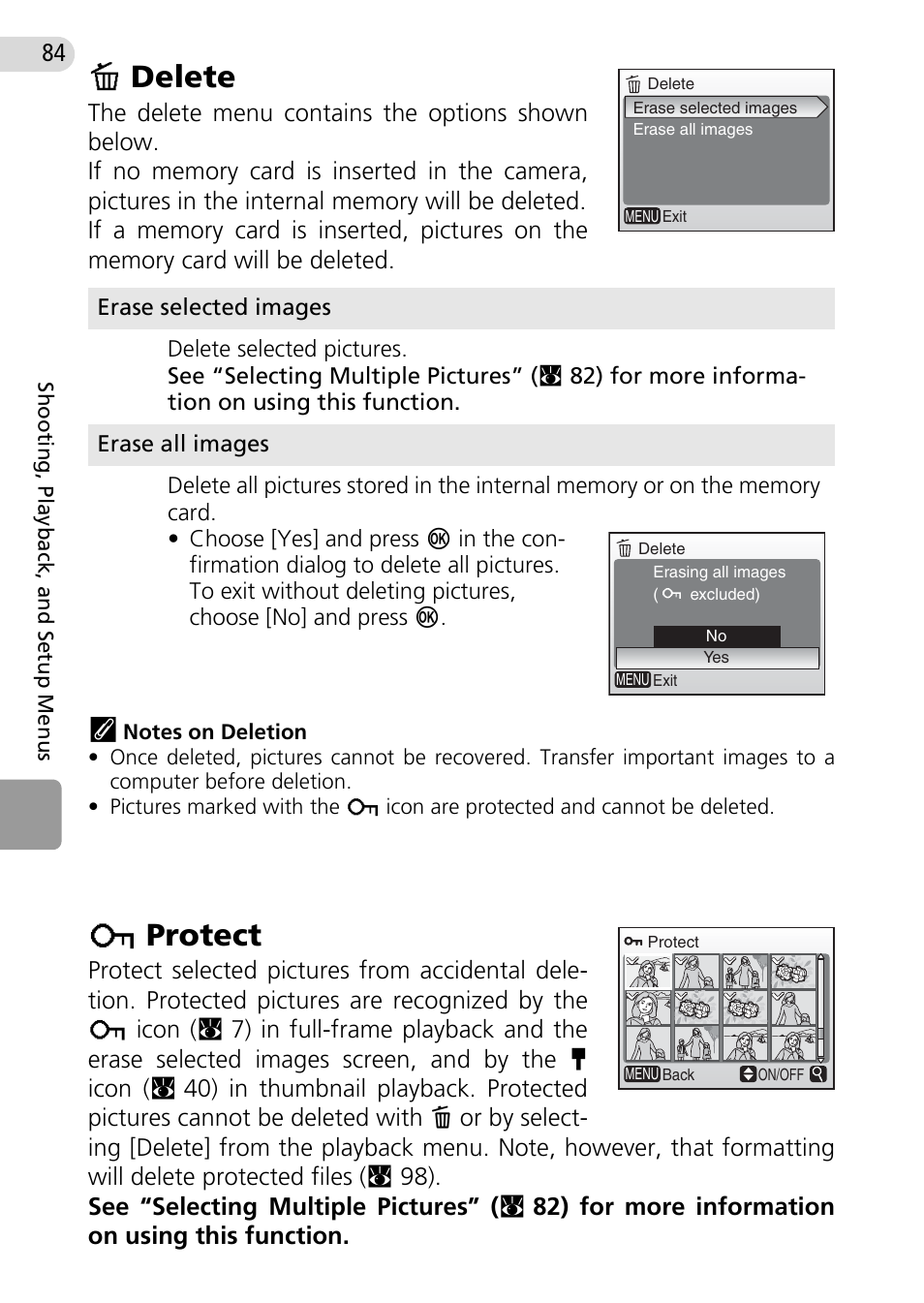 Delete, Protect, Ting (c 84) | C 84), protection from deletion (c 84, Adelete, Dprotect | Nikon Coolpix L10 User Manual | Page 94 / 135