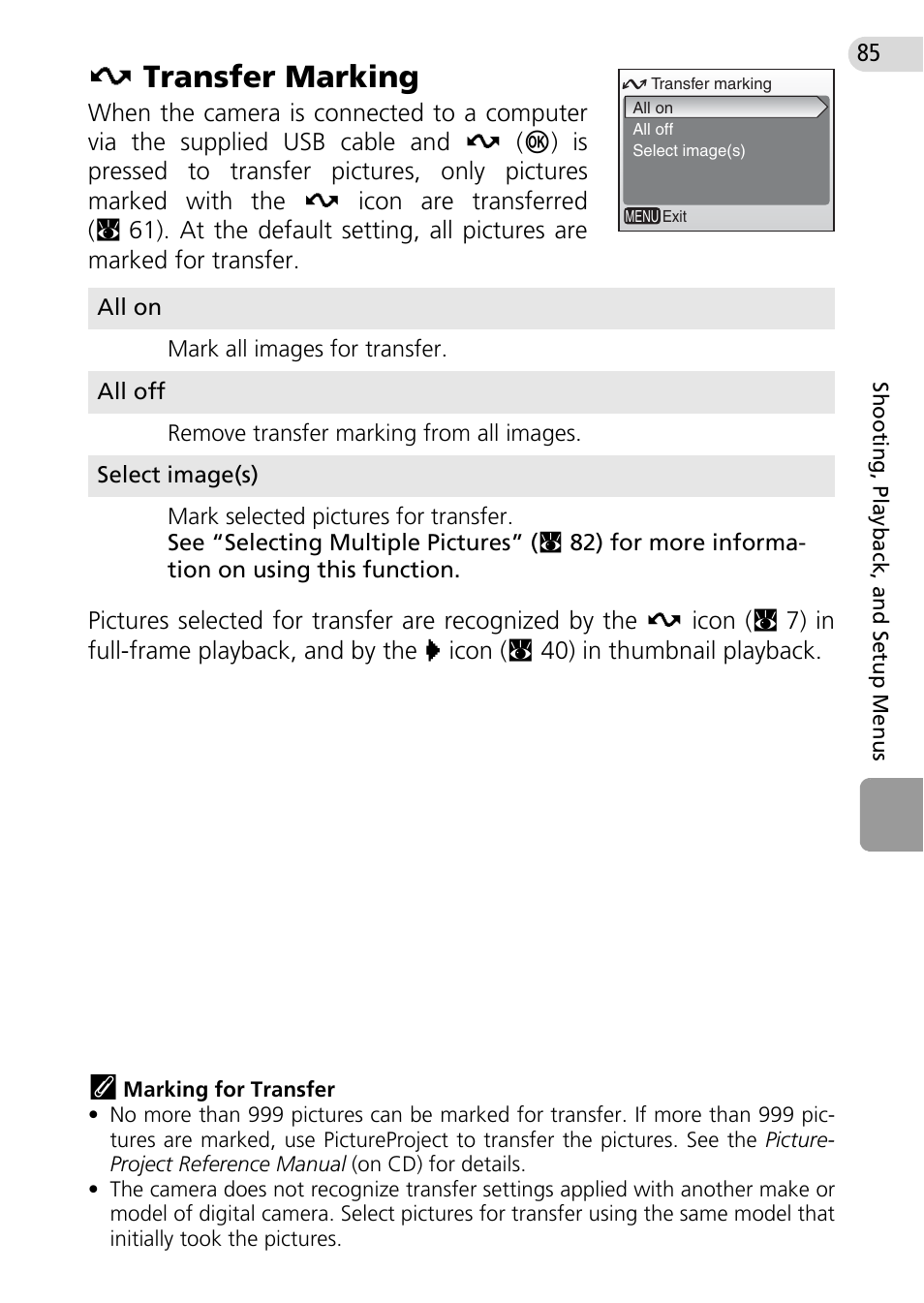 Transfer marking, Ng (c 85), C 85), copying between | Etransfer marking | Nikon Coolpix L10 User Manual | Page 95 / 135