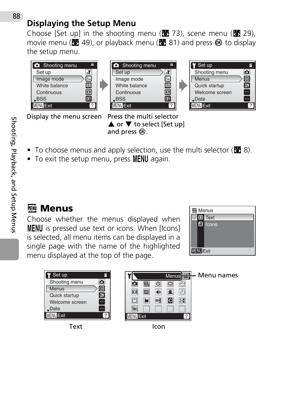 Menus, Rmenus, Displaying the setup menu | Nikon Coolpix L10 User Manual | Page 98 / 135
