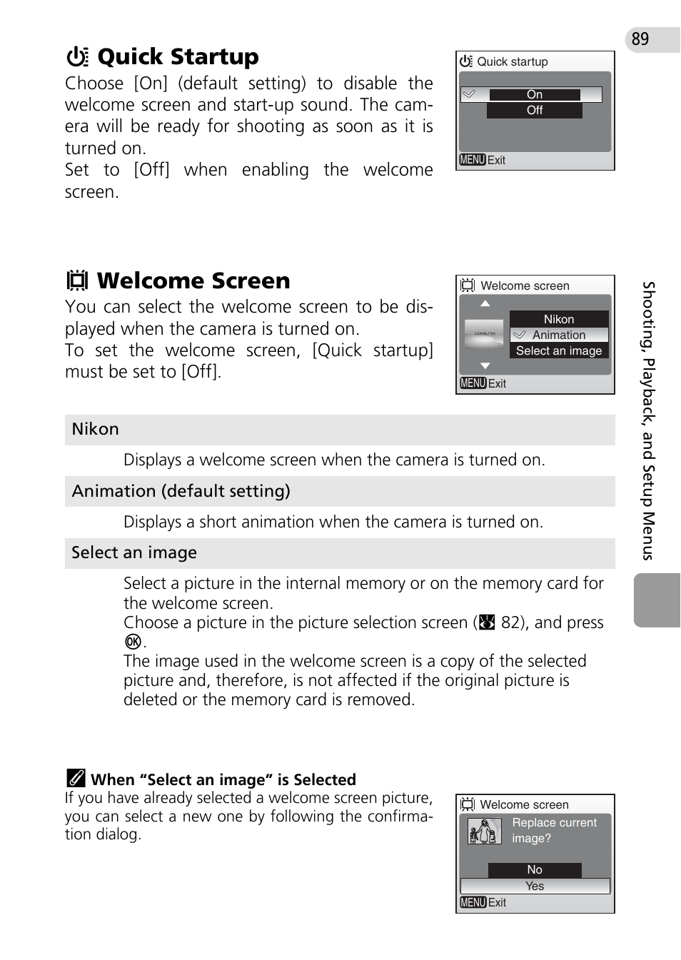 Quick startup, Welcome screen, C 89), the | Hquick startup, Vwelcome screen | Nikon Coolpix L10 User Manual | Page 99 / 135