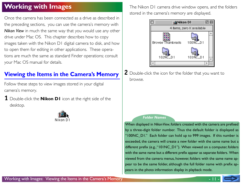 Working with images, Viewing the items in the camera’s memory | Nikon View DX User Manual | Page 11 / 38