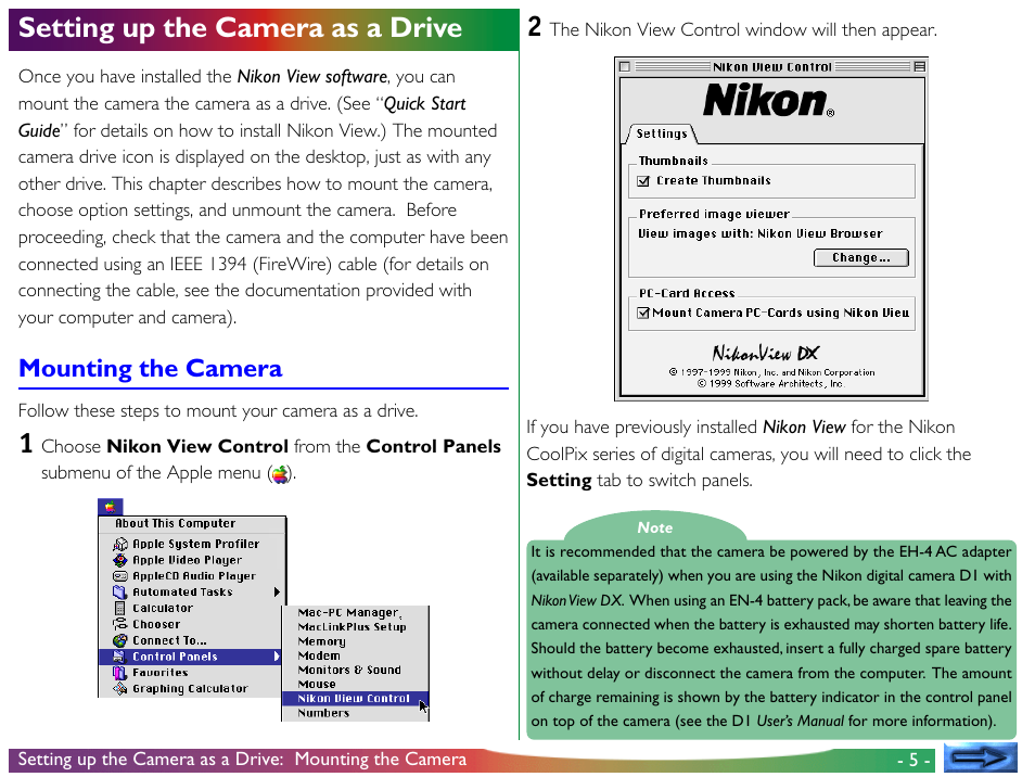 Setting up the camera as a drive, Mounting the camera | Nikon View DX User Manual | Page 5 / 38