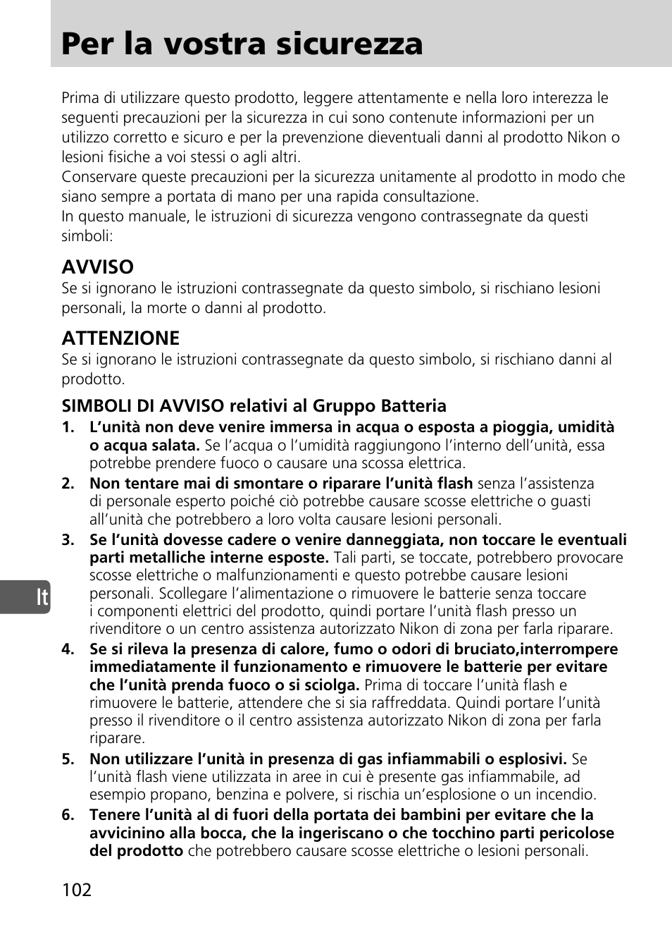 Per la vostra sicurezza, Avviso, Attenzione | Nikon SD-9 User Manual | Page 103 / 155
