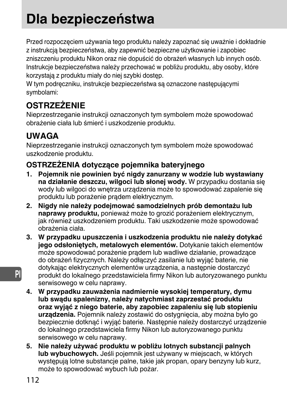 Dla bezpieczeństwa, Ostrzeżenie, Uwaga | Nikon SD-9 User Manual | Page 113 / 155