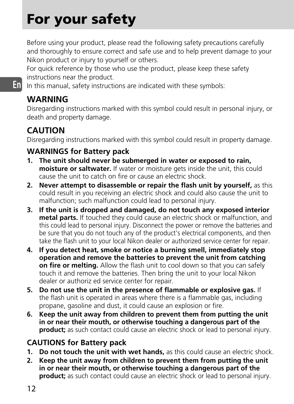 For your safety, Warning, Caution | Nikon SD-9 User Manual | Page 13 / 155