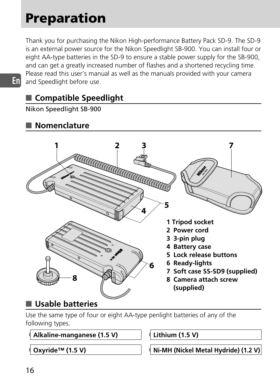 Preparation | Nikon SD-9 User Manual | Page 17 / 155