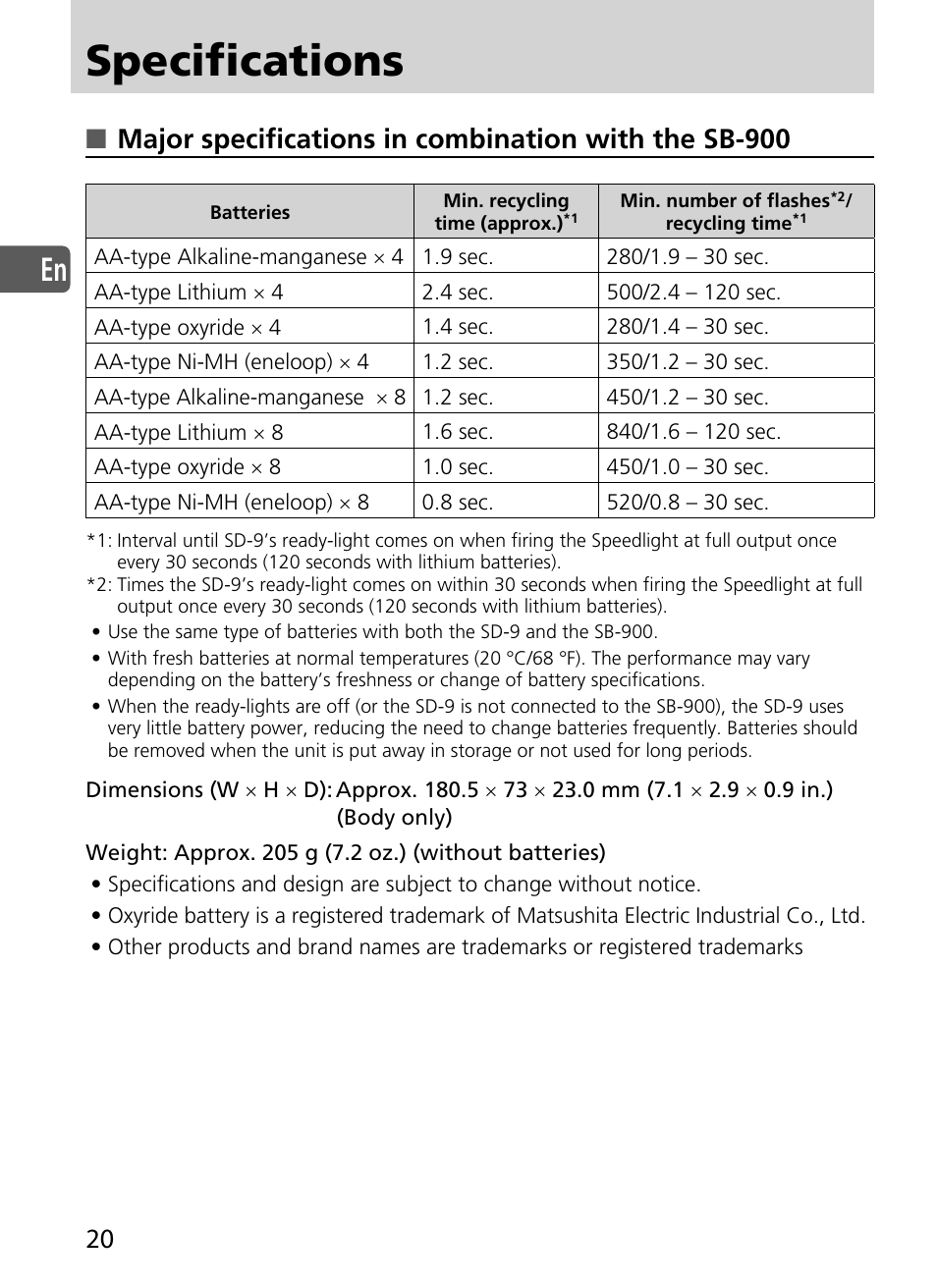 Specifications | Nikon SD-9 User Manual | Page 21 / 155