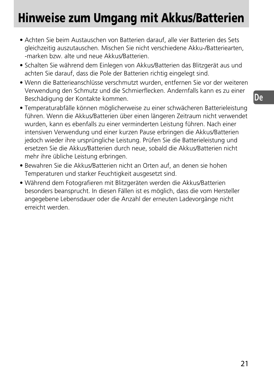 Hinweise zum umgang mit akkus/batterien | Nikon SD-9 User Manual | Page 22 / 155