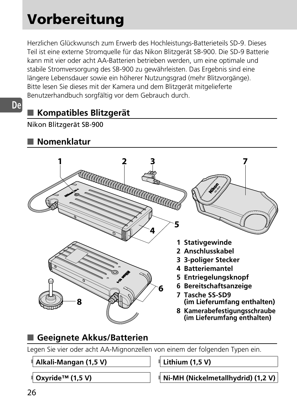 Vorbereitung | Nikon SD-9 User Manual | Page 27 / 155
