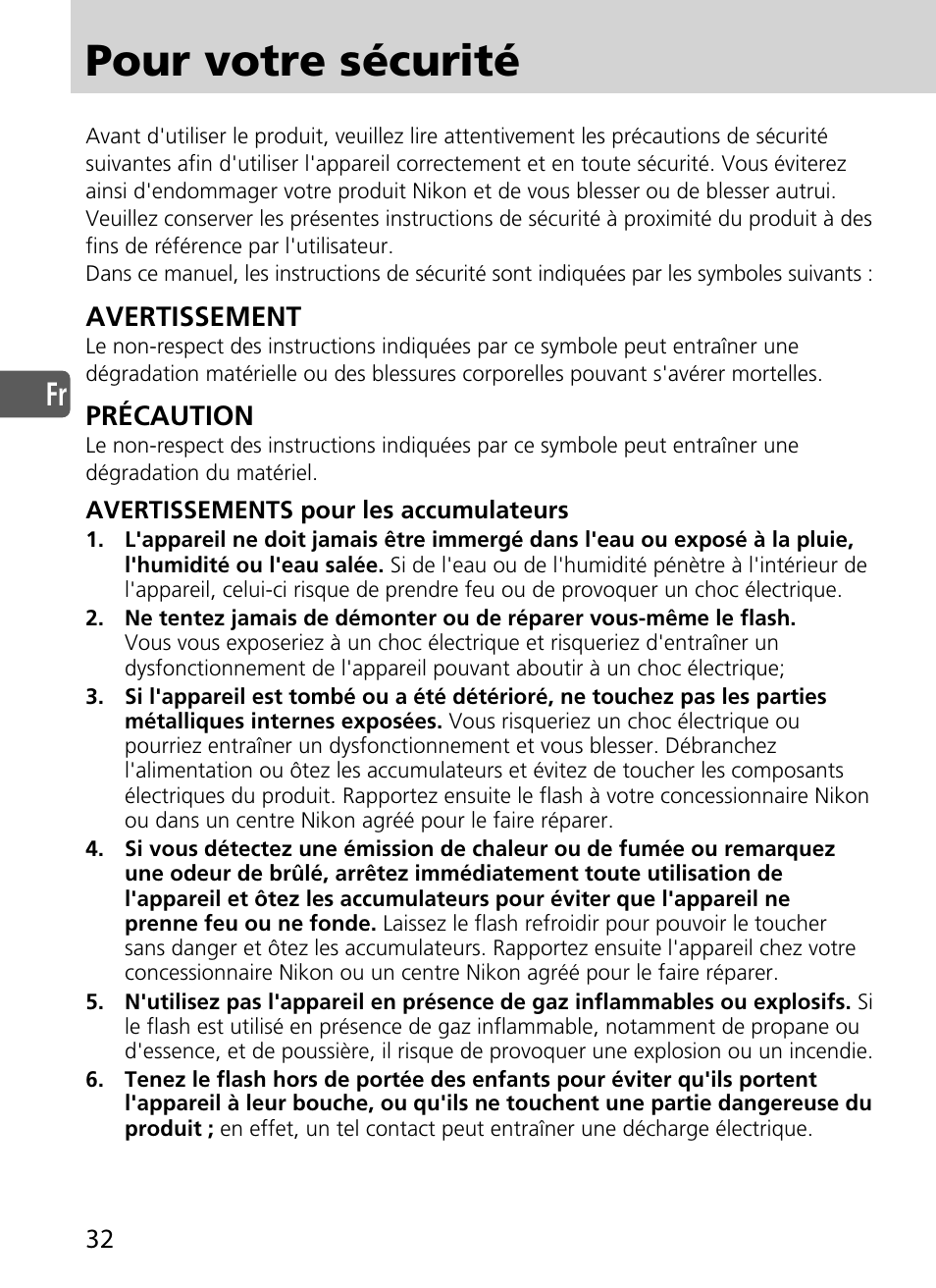 Pour votre sécurité, Avertissement, Précaution | Nikon SD-9 User Manual | Page 33 / 155