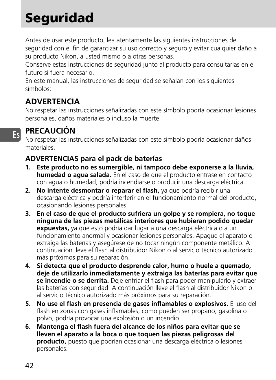 Seguridad, Advertencia, Precaución | Nikon SD-9 User Manual | Page 43 / 155