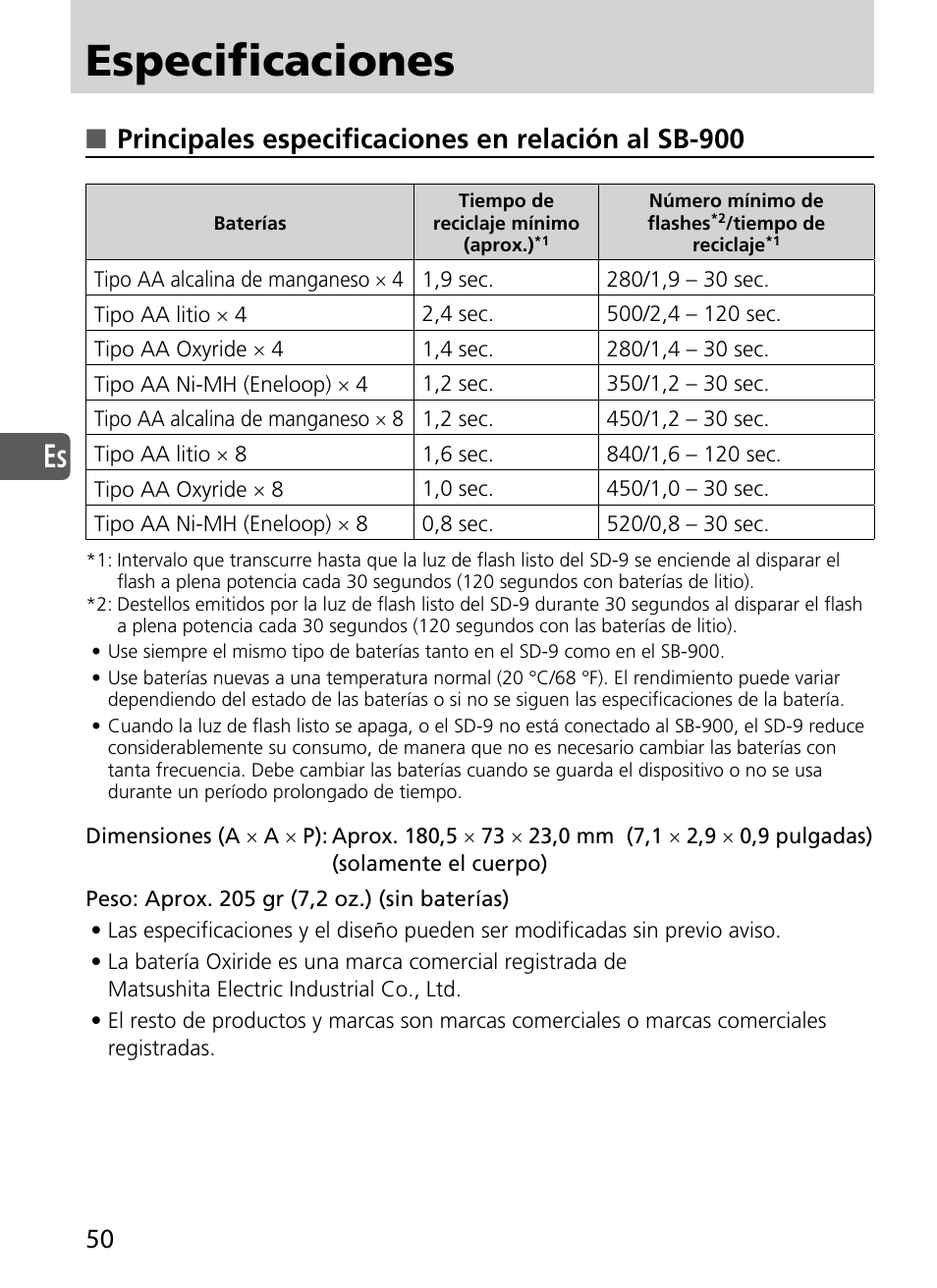 Especificaciones, Principales especificaciones en relación al sb-900 | Nikon SD-9 User Manual | Page 51 / 155
