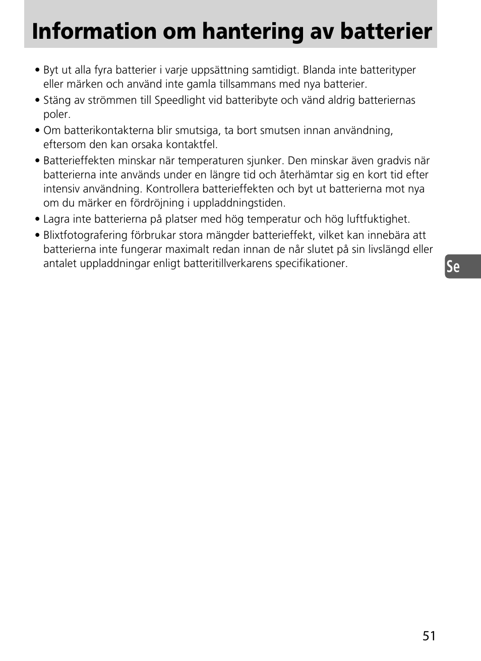 Information om hantering av batterier | Nikon SD-9 User Manual | Page 52 / 155