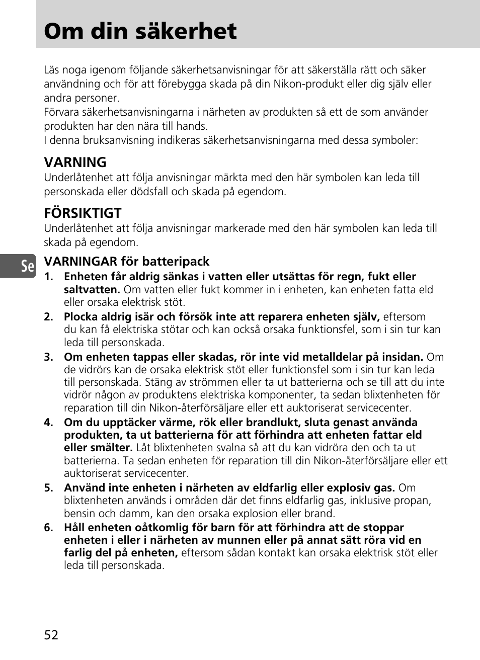 Om din säkerhet, Varning, Försiktigt | Nikon SD-9 User Manual | Page 53 / 155