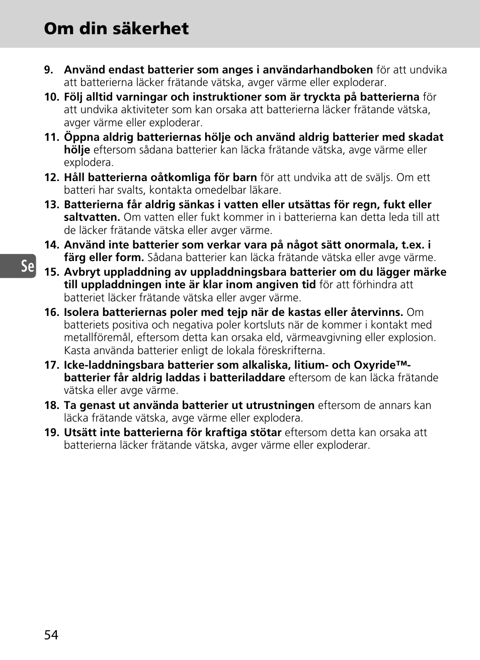 Se om din säkerhet | Nikon SD-9 User Manual | Page 55 / 155