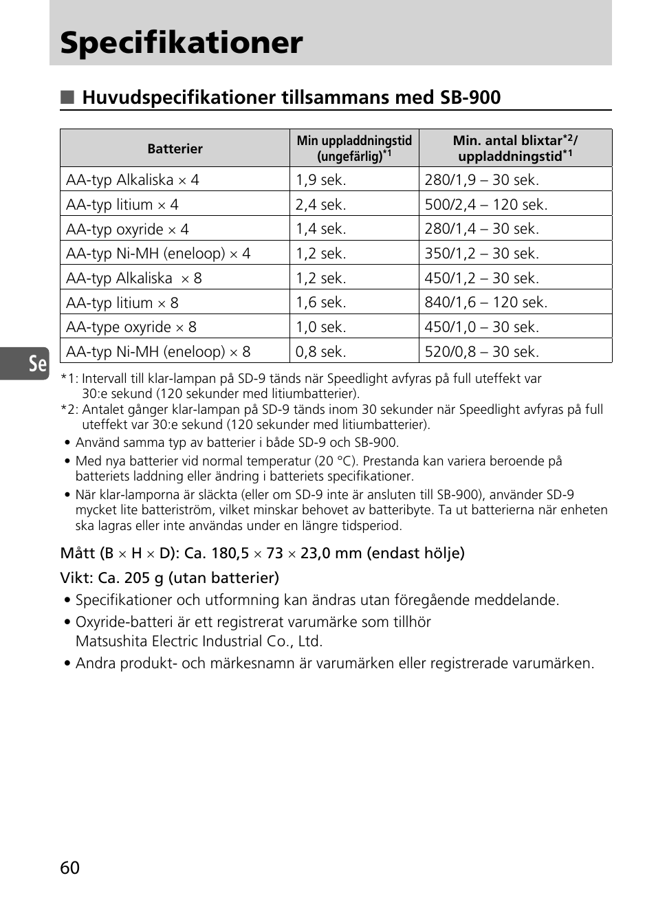 Specifikationer, Huvudspecifikationer tillsammans med sb-900 | Nikon SD-9 User Manual | Page 61 / 155